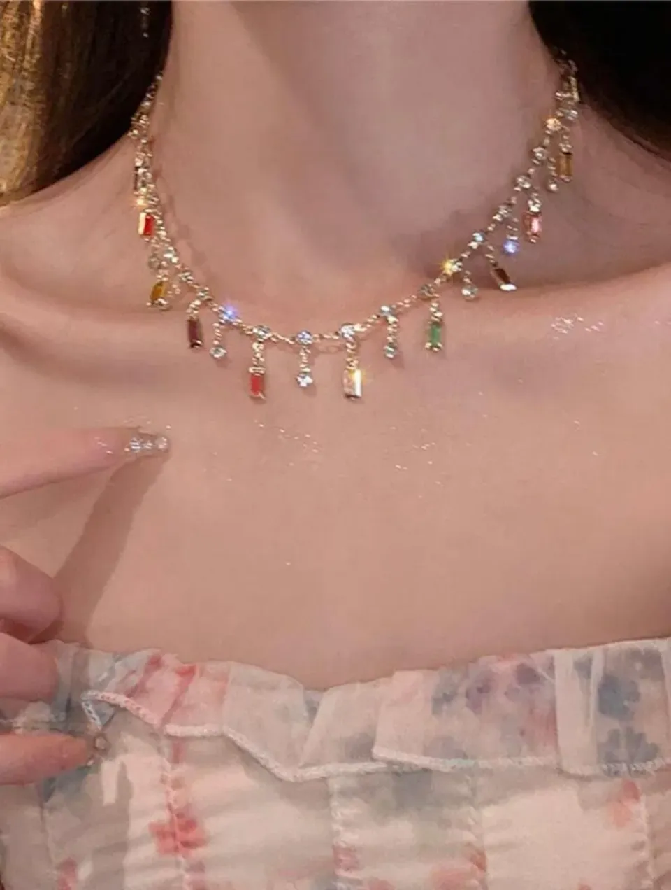 Gold Rainbow Baguette Crystal Tassel Choker Necklace — image 2