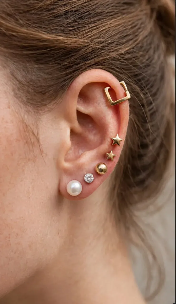 12 Pairs Gold Earring Set: Studs, Hoops, Pearls — image 3