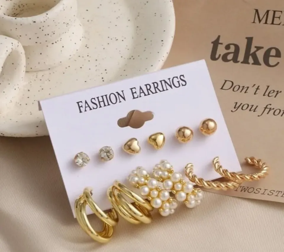 6 Pairs Gold Earring Set: Studs, Hoops and Pearl Huggies — image 2