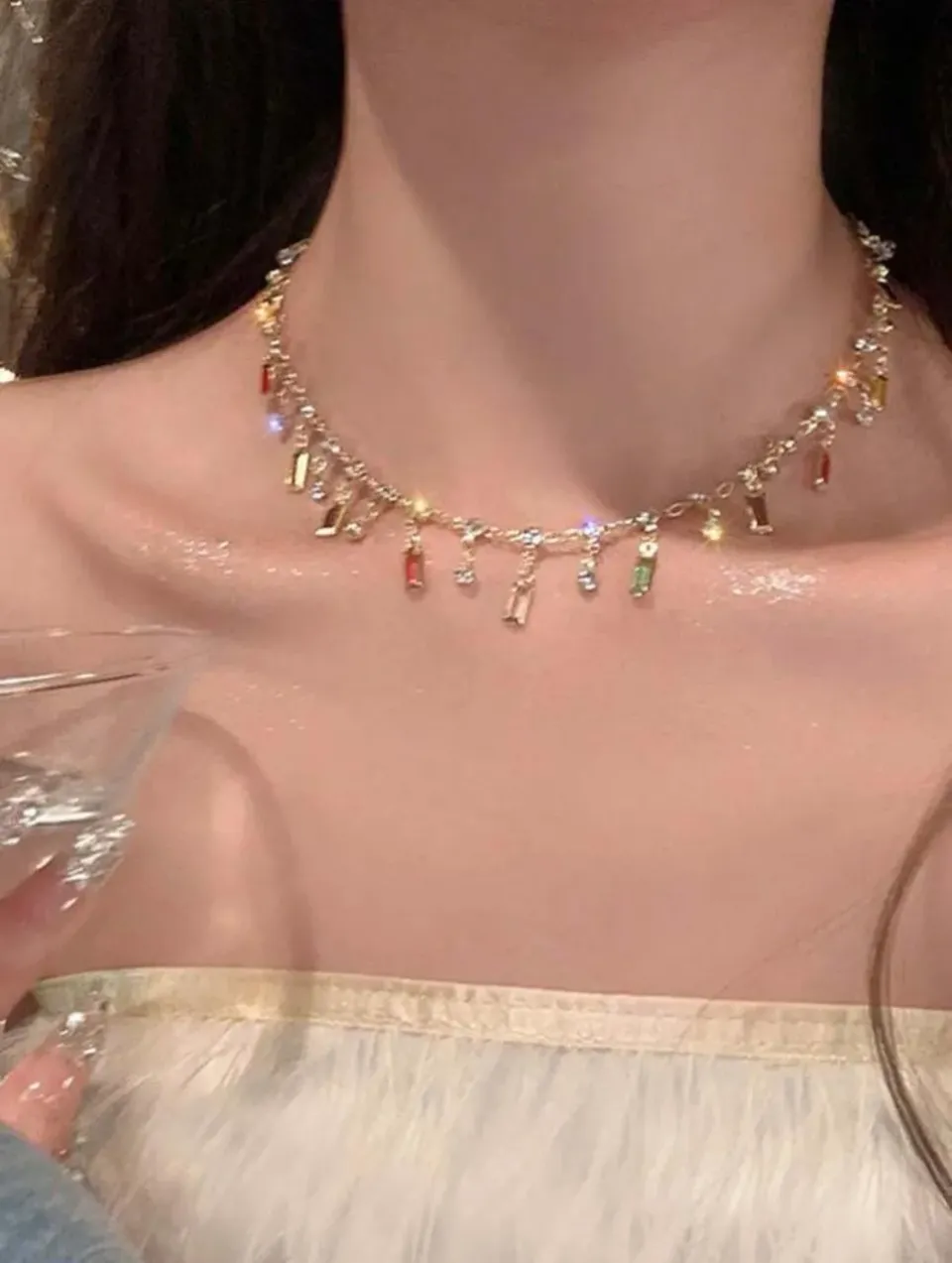 Gold Rainbow Baguette Crystal Tassel Choker Necklace — image 1