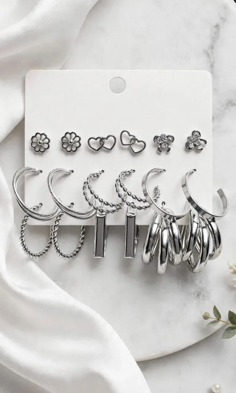 9 Pairs Silver Earring Set: Studs, Hoops and Huggies — image 3