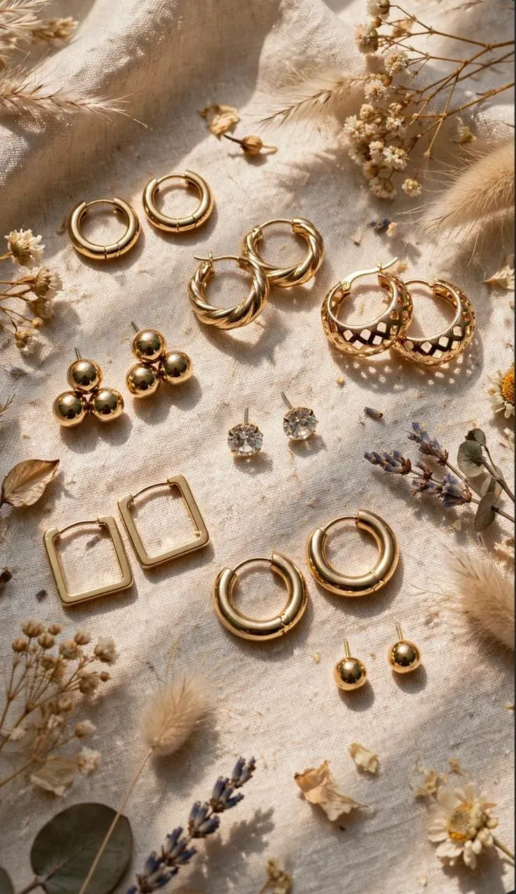 12 Pairs Gold Earring Set: Studs, Hoops, Pearls — image 2