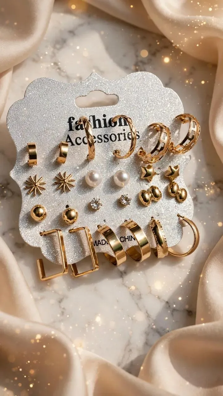 12 Pairs Gold Earring Set: Studs, Hoops, Pearls — image 1
