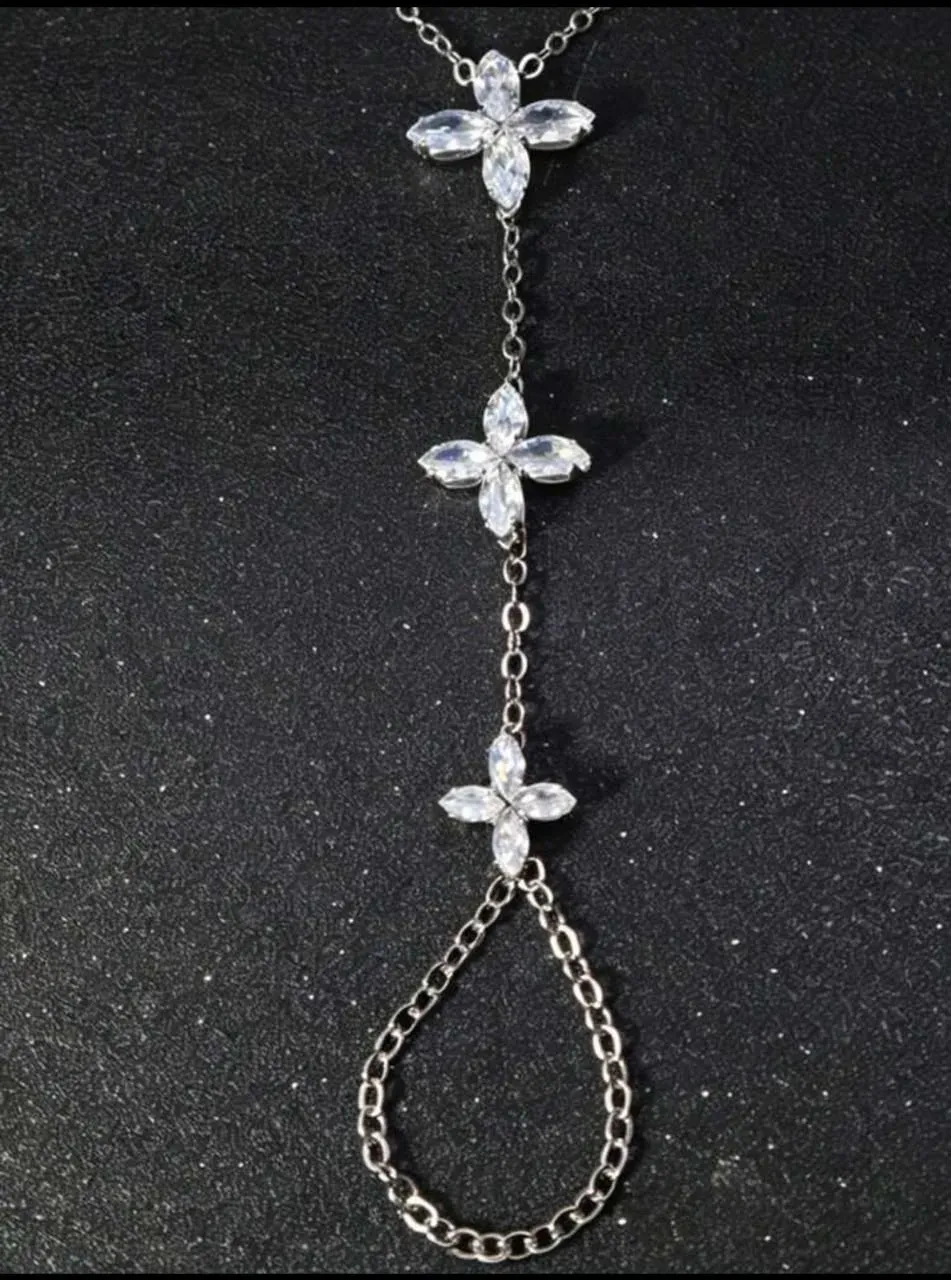 Silver Crystal Flower Hand Chain Ring Bracelet — image 2