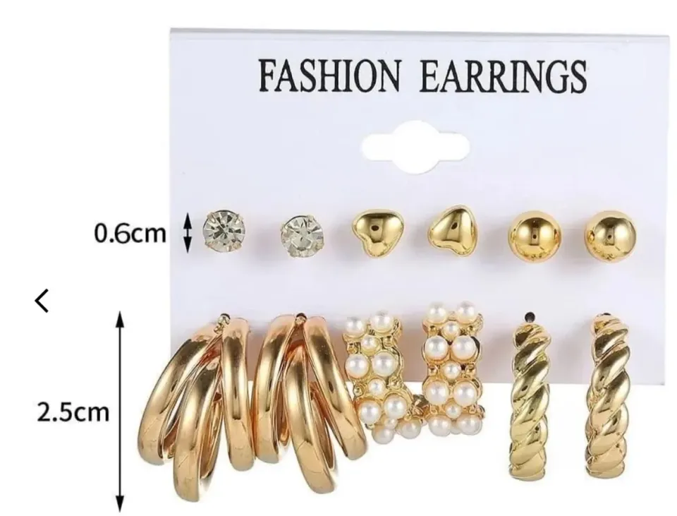 6 Pairs Gold Earring Set: Studs, Hoops and Pearl Huggies — image 3